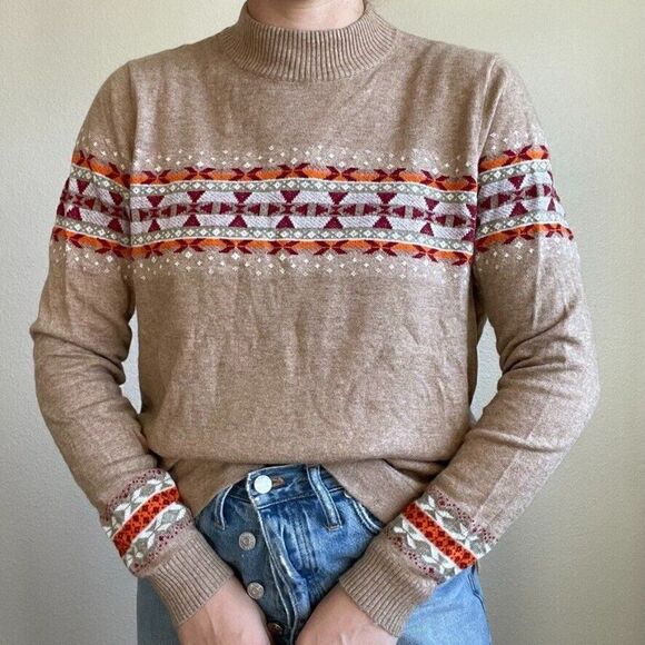 Woolrich Womens Wool Blend Fair Isle Brown Red Lightweight Sweater Sz XL - Picture 4 of 8